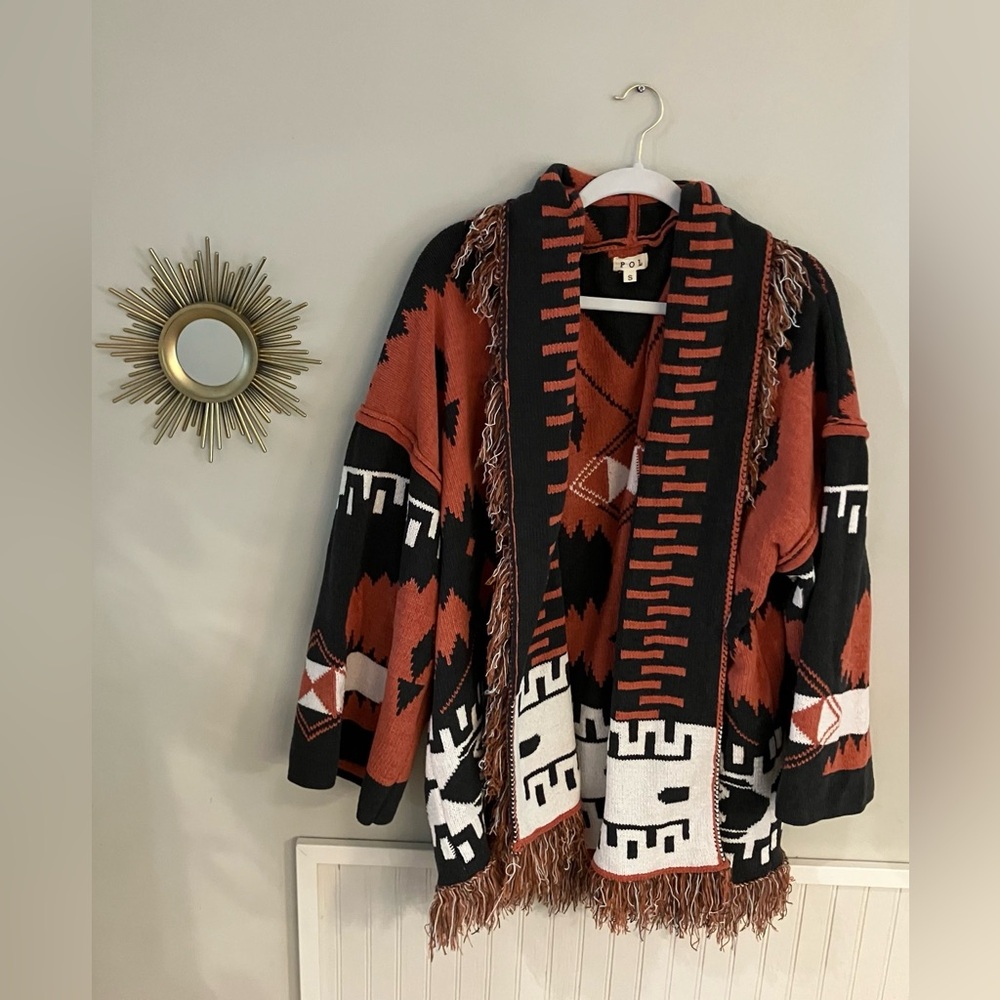 NWOT POL Black, Rust-Orange and White Aztec style Fringed Chenille Cardigan